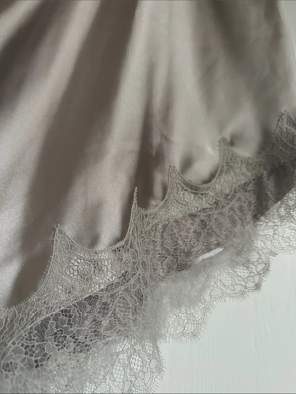 Zara Asymmetrical Slip Dress in Taupe Gray with Lace Trim - Picture 2 of 4